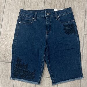 Style & Co. Dark Blue Jean Shorts with Black Floral Embroidery